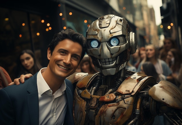 a boss taking selfie with happy reaction with his employees Robot and human friendship future ai