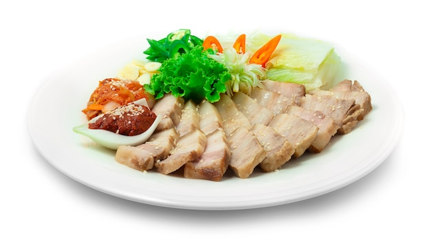 Bossam Korean Boiled Pork wraps Served Chili Spicy Kochujung Sauce