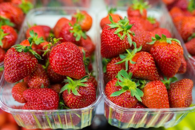 Bossen van verse mooie aardbeien in een winkel