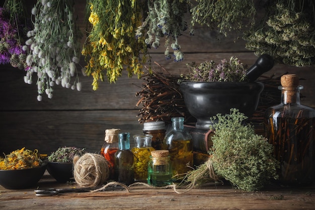 Bossen vijzelkom voor medische kruiden met infusie van gedroogde geneeskrachtige planten en flessen met etherische olie