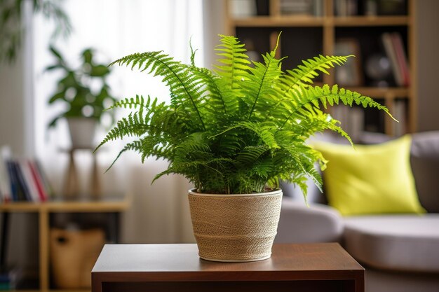 Photo boston fern also known as green lady sits gracefully on a wooden table providing a touch of modernit