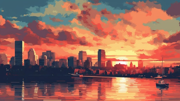 Boston Sunset In 1960s A Pixel Art Illustration