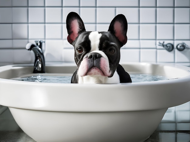 A boston terrier bathing in a sink Generate Ai