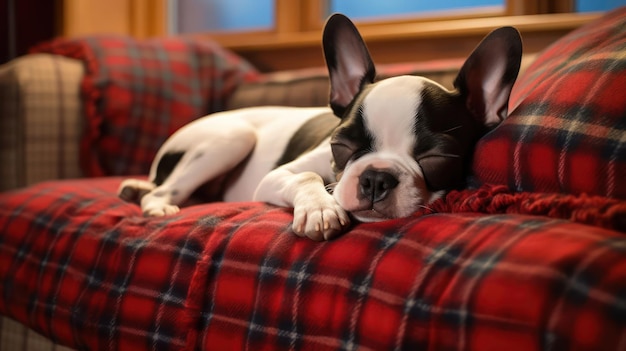 Photo boston terrier dog peacefully asleep on a plush and cozy sofa