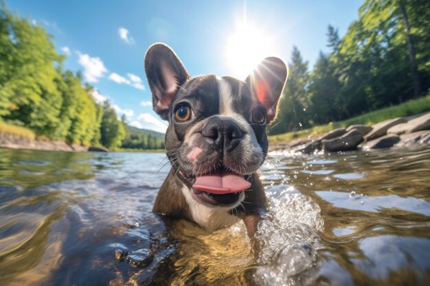 A boston terrier dog swimming in a river.