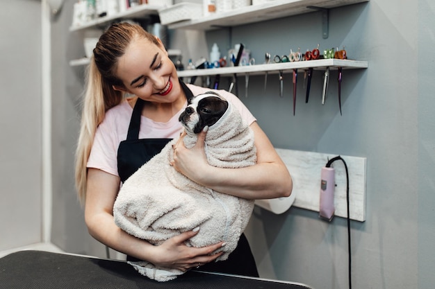 Boston terrier at grooming salon having bath.