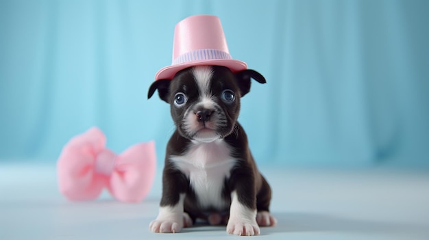 Boston terrier puppy in cute cone hat necklace and bowtie for vibrant advertisement