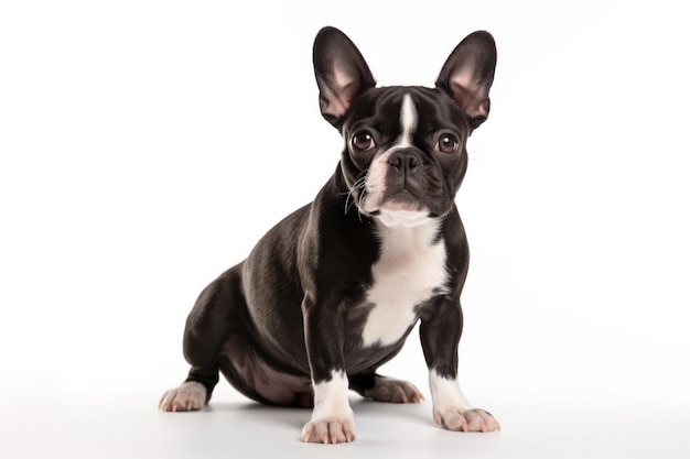 Boston Terrier rechtop op een witte achtergrond