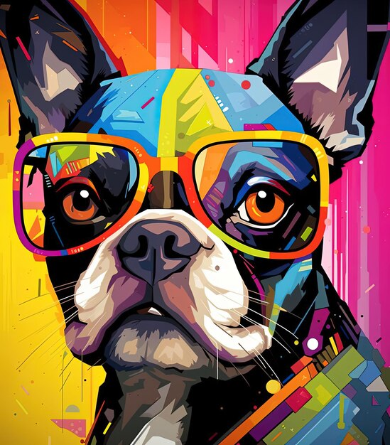 Boston terrier wearing glasses in the style of bold and colorful graphic design