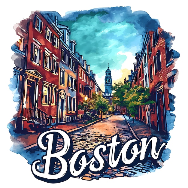 Boston Text With Collegiate and Historic Typography Design S Watercolor Lanscape Arts Collection