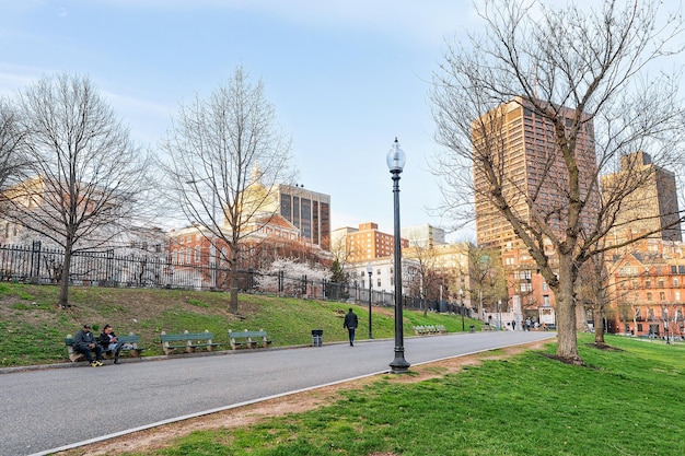 Boston, USA - April 28, 2015: People at State Library and Massachusetts at Boston Common park, MA, America.