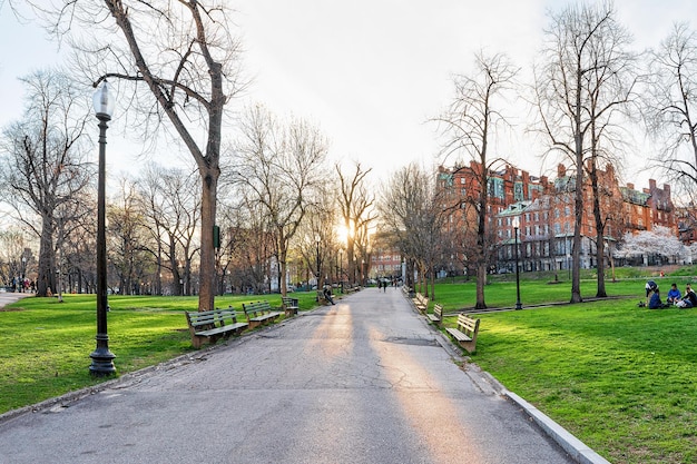 Boston, USA - April 29, 2015: Boston Common public park and people at downtown Boston, MA, United States.