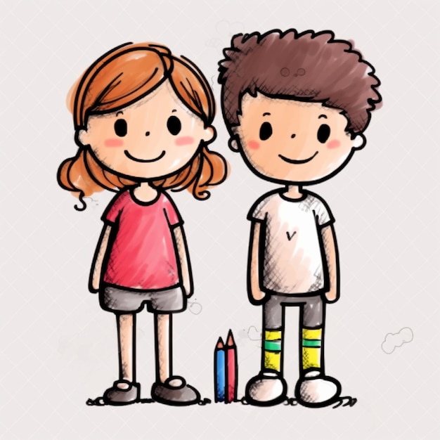 Bosy en meisje tekenen schets kinderboek in kleur