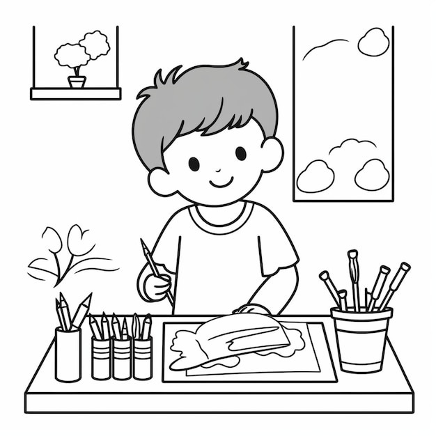 Bosy and girl drawing outline kids color book