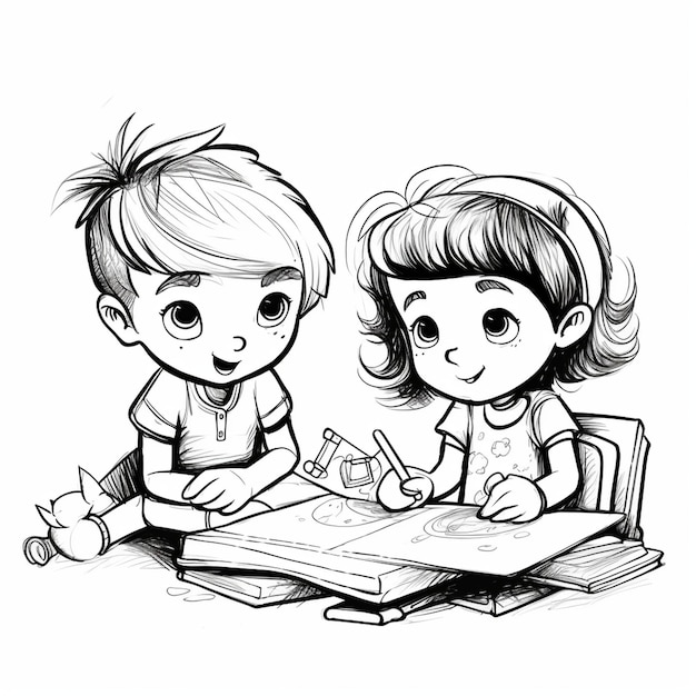 Photo bosy and girl drawing outline kids color book