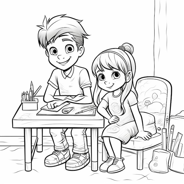 Bosy and girl drawing outline kids color book