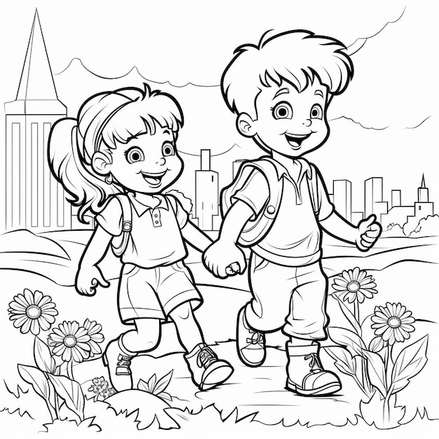 Bosy and girl drawing outline kids color book