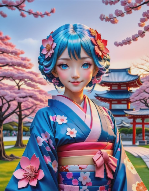 botan blue hair pink colored eyes pink japanese kimono