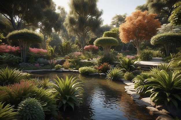 Ботанический сад с различными растениями и озеленением водного ландшафта