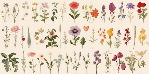 Botanic Herbs Wild Flowers In Retro Style Watercolor Illustration Of Wildflowers With A Touch Of Dag