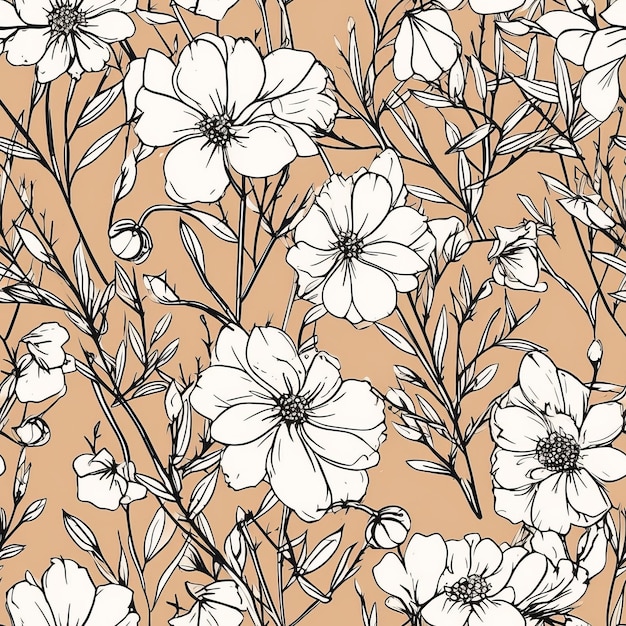 Botanical arrange comprising of blooms drawn with a single line Seamless pattern AI Generated