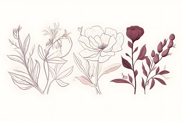 写真 ボタニカルアート 抽象的な花の花のバラの熱帯の葉の手描きの連続線画