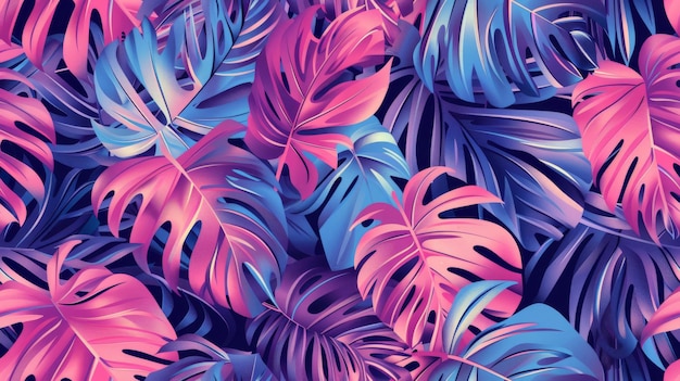 Photo botanical artwork decorative pink and blue monstera leaves