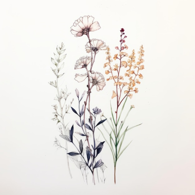 Botanical Beauty Delicate Plant Sketches in Watercolor on a Clean White Canvas