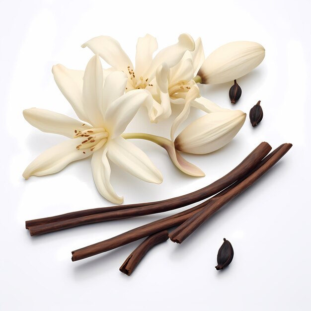 Botanical Beauty Vanilla Flower and Pods on a Clean White Background