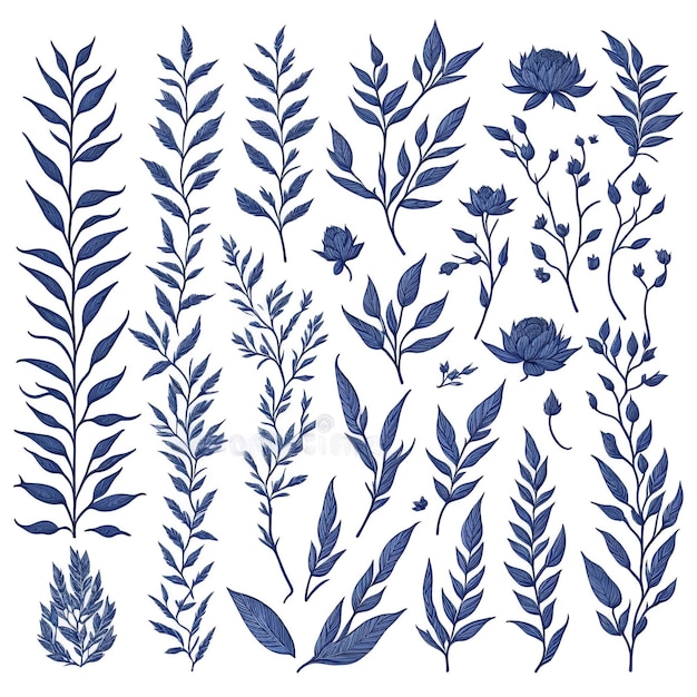 Botanical elements flowers and branch set Line art style vector illustration