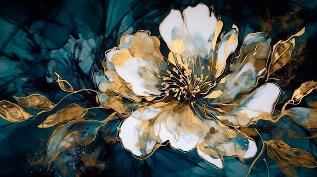 アートワーク全体に 1 つの大きな花を持つ植物の花が流れるアルコール インク スタイルの生物発光ネイビー ブルーの背景ホワイト ゴールド生成 AI イラストレーター