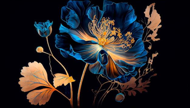 Botanical flowers with one big flower for whole artwork flowing alcohol ink style bioluminescence navy blue background white gold Generative AI