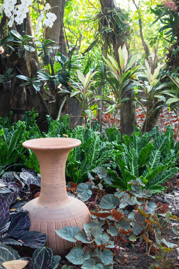 Botanical garden green branches of plant pot