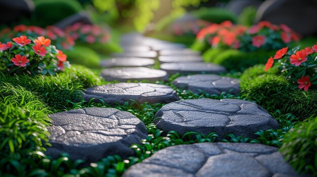 In a botanical garden stone paths are lined with grass growing up between them