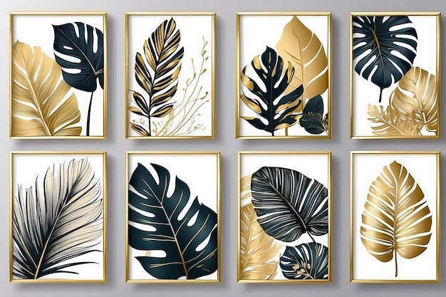 植物と黄金の抽象的な壁画のベクトルコレクション 黄金と豪華なパターンデザインと熱帯の葉のラインアート