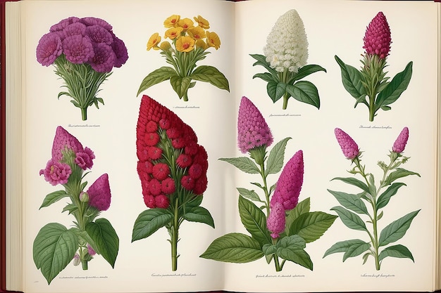 Photo botanical guidebook detailed cockscomb flower illustrations