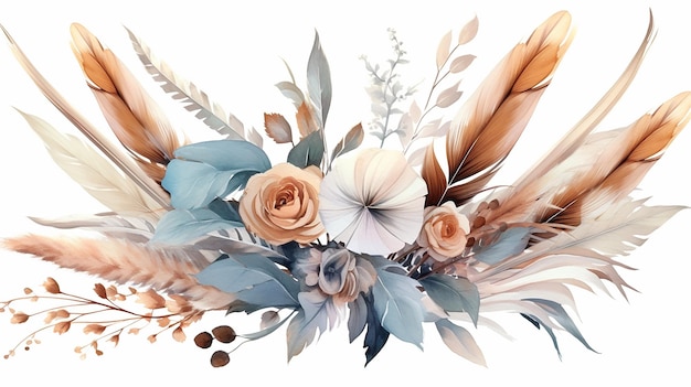 水彩シーンの美しい花と羽のボタニカル イラスト