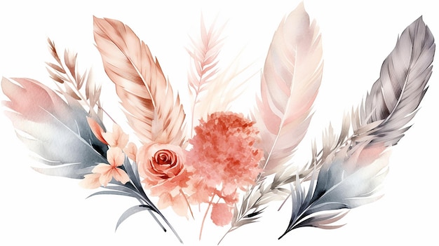 水彩シーンの美しい花と羽のボタニカル イラスト