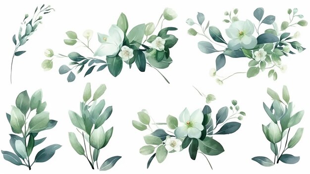 Botanical Illustration of Beautiful Watercolor Flower and Leaves in Bouquet