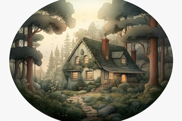 Botanical illustration of a cartoon house in the forest with green tones Generative AI
