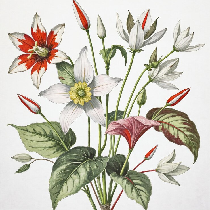 Photo 異なる花や葉の植物学的イラスト