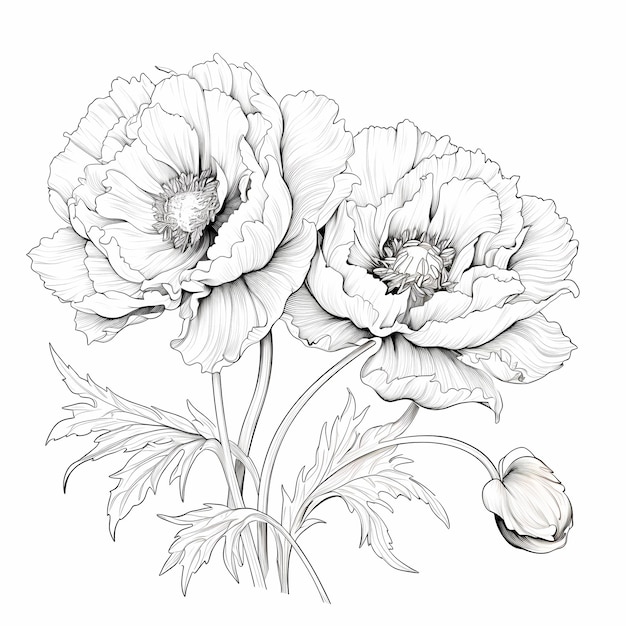 botanical illustration of double blooming peony poppy in black and white