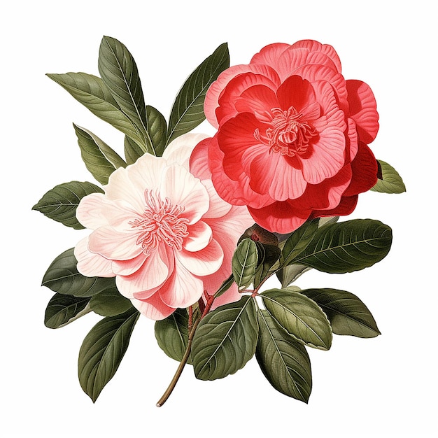 Photo botanical illustration of flowers and leaves in bouquet