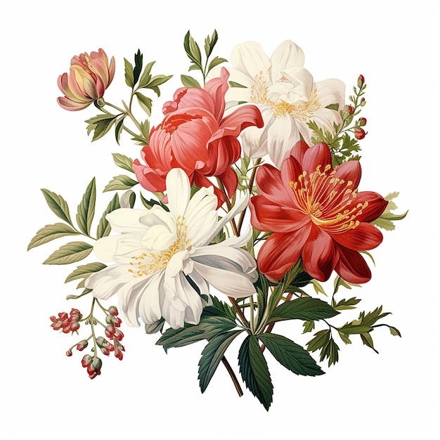 Botanical illustration of Flowers and leaves in bouquet