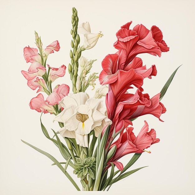 Foto illustrazione botanica di fiori e foglie in bouquet