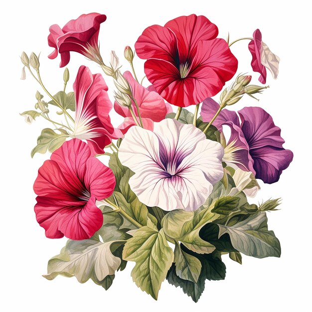 Botanical illustration of Flowers and leaves on the Bouquet