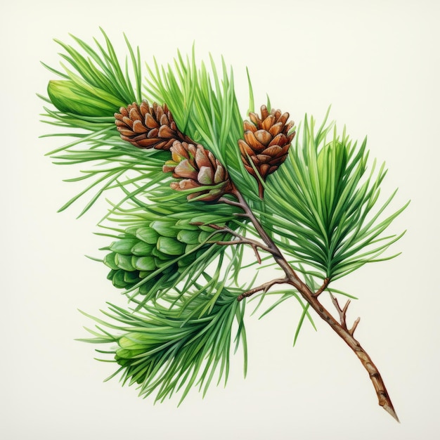 A botanical illustration of a pine branch with cones