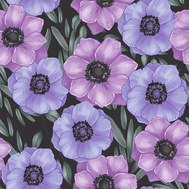 Botanical illustration, Purple Anemones and Leaves, Seamless Pattern, Stickers, Digital sketch, Raster illustration on Black