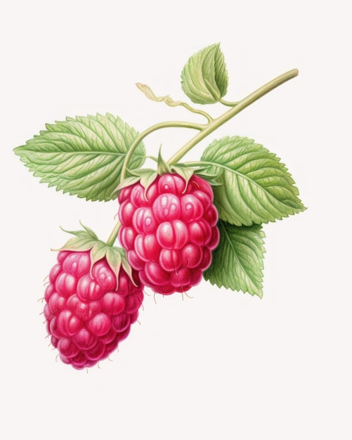 Botanical Illustration of a raspberry on a branch with leaves on a white background