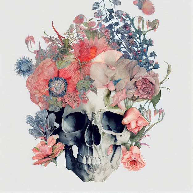 Botanical illustration of a skull Generative Ai